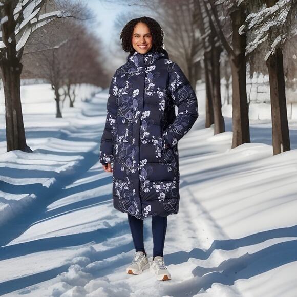 Columbia Boundless Days Print Long Down Jacket Collegiate Navy Women Size 1X NWT - Picture 1 of 12